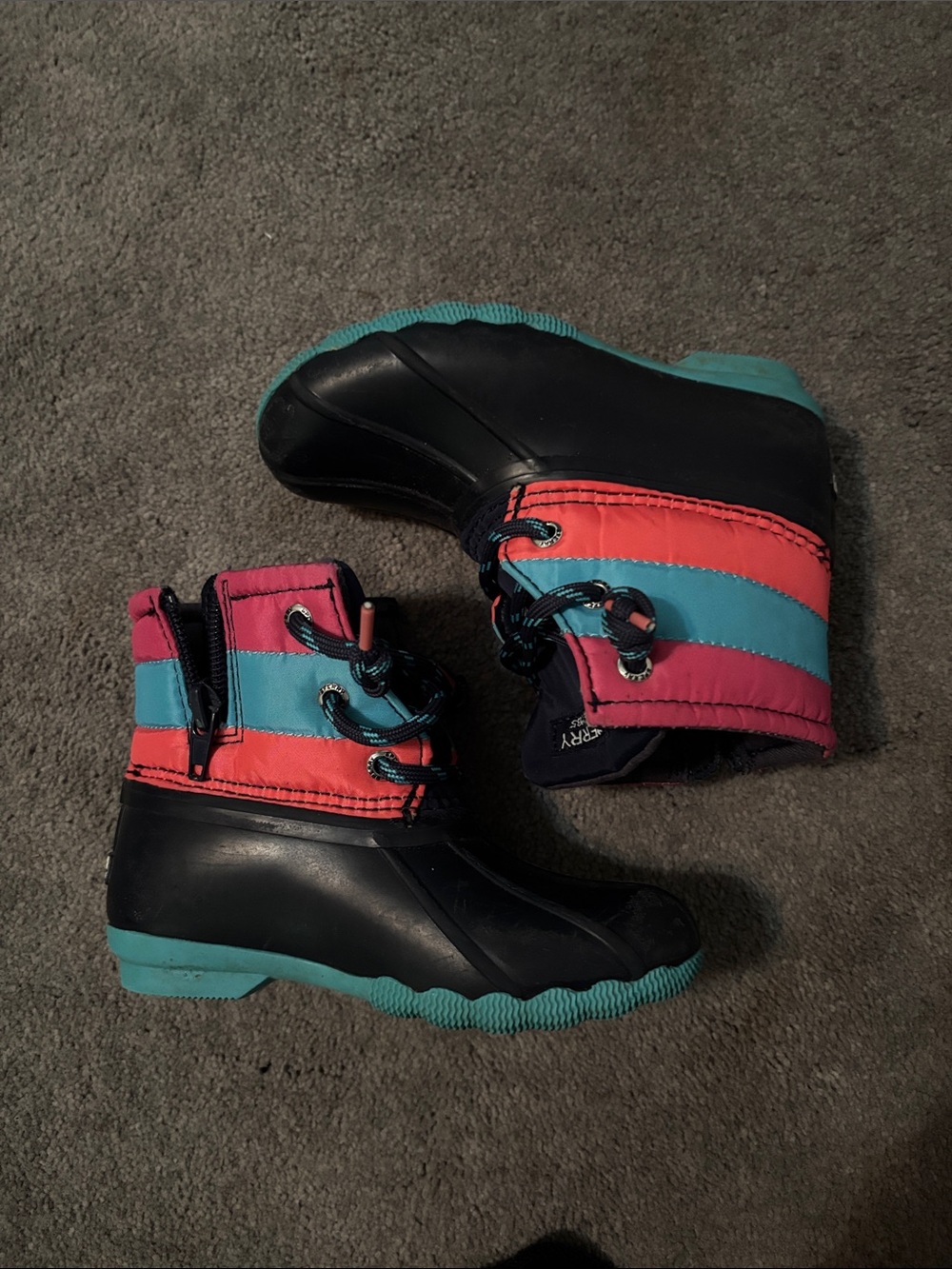Sperry Kids Navy Blue Duck Rain/Snow Boots with Teal and Pink Accents